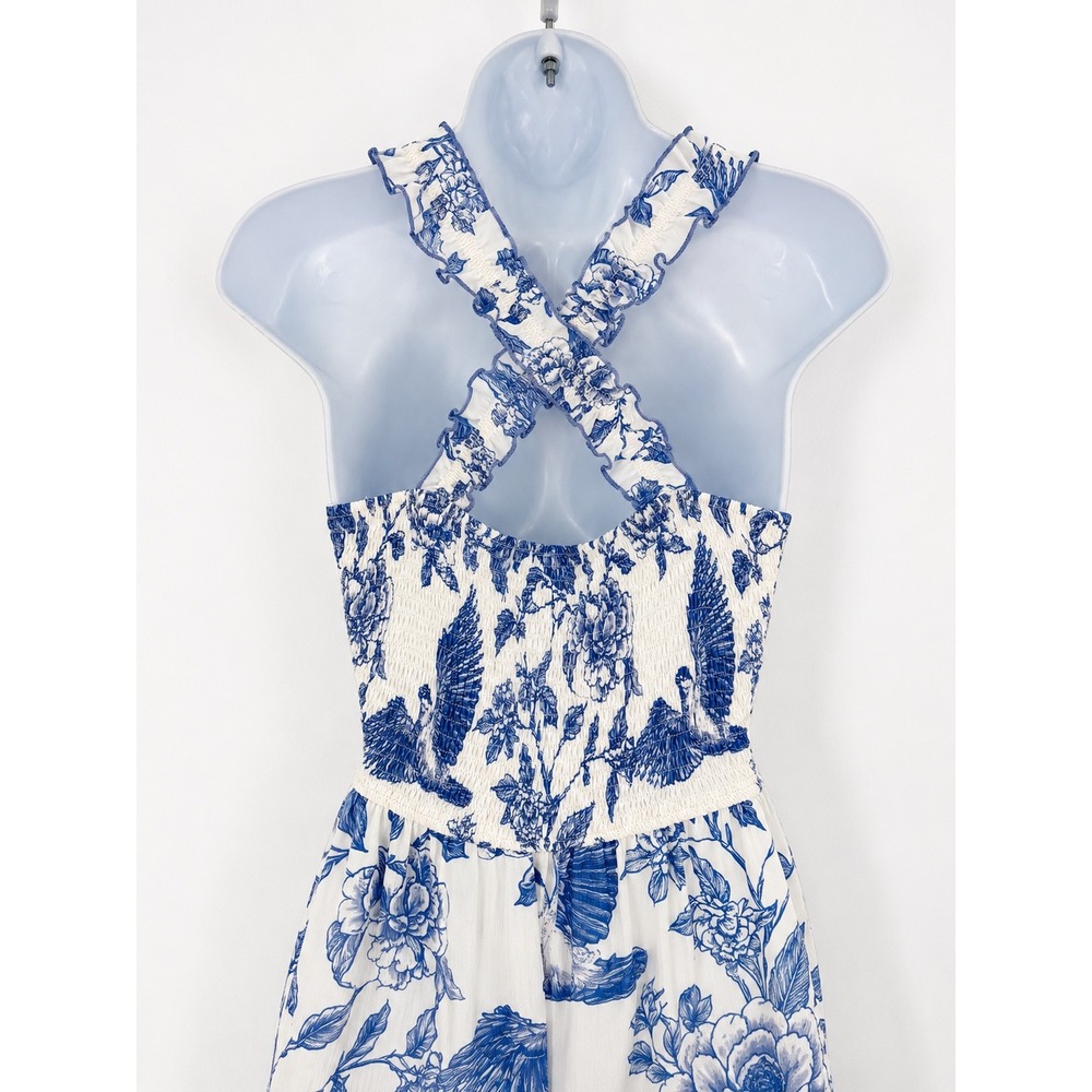 Coastal Floral Maxi Dress Womens XL Blue White Excellent Toile Garden Party - Picture 3 of 9